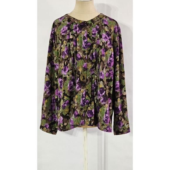 Southern Lady Tops - Southern Lady Floral Pleated Front Longsleeve Button Front Blouse